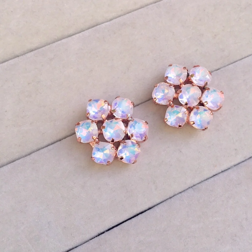White Opal Aurora Borealis + Rose Gold Crystal Flower Earrings